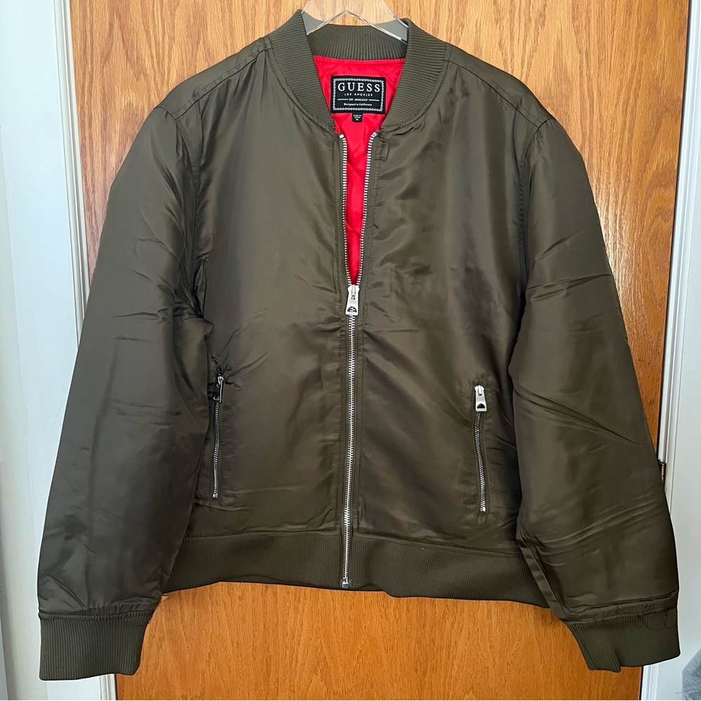 GUESS Men's Khaki Green Bomber Jacket with Red Lining